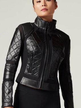 blanc noir Black Quilted Leather-Panel Jacket with High Collar
